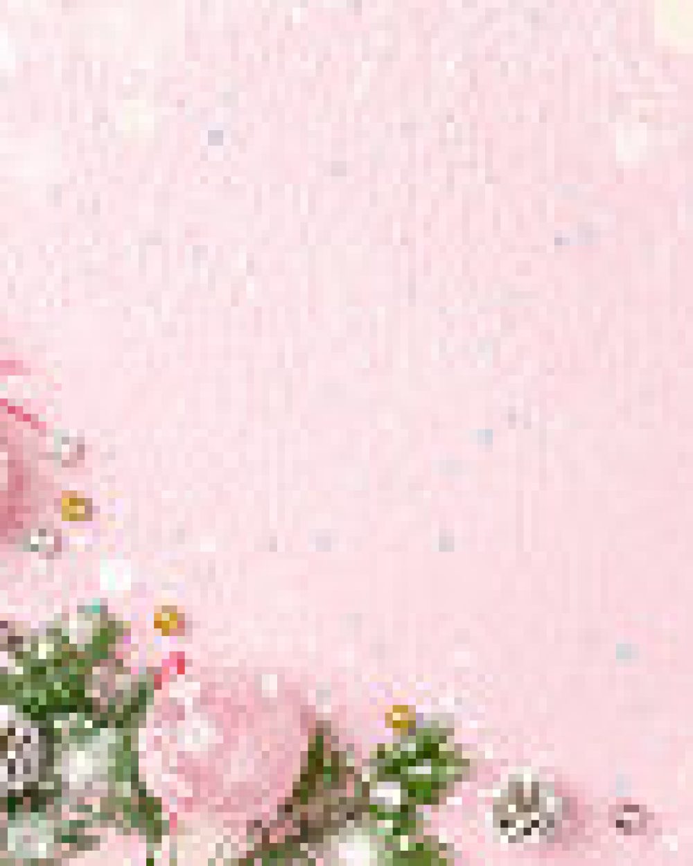 Christmas frame of New Year ornaments, fir and snow on pastel pink. Winter holidays, New Year background with copy space.